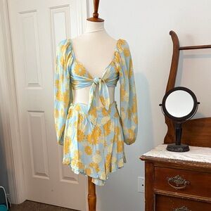 Floral Blue and Yellow Women's Shorts and tie front top